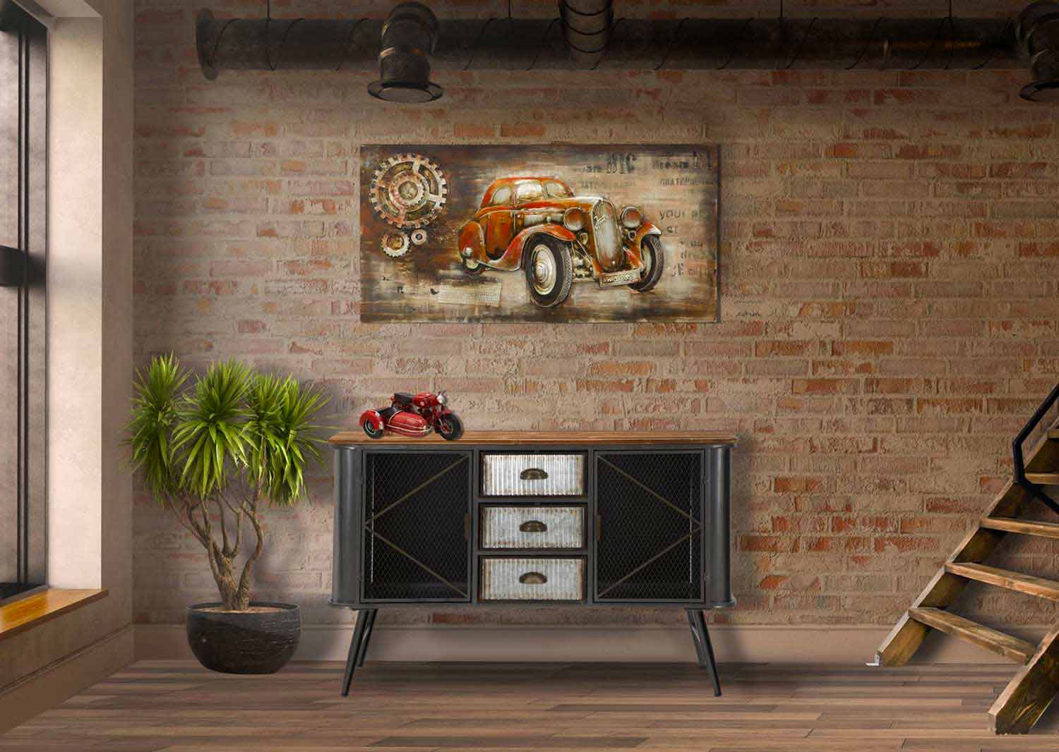 Vintage Industrial Design Wohnzimmer Sideboard aus Eisen und Holz   Akimi