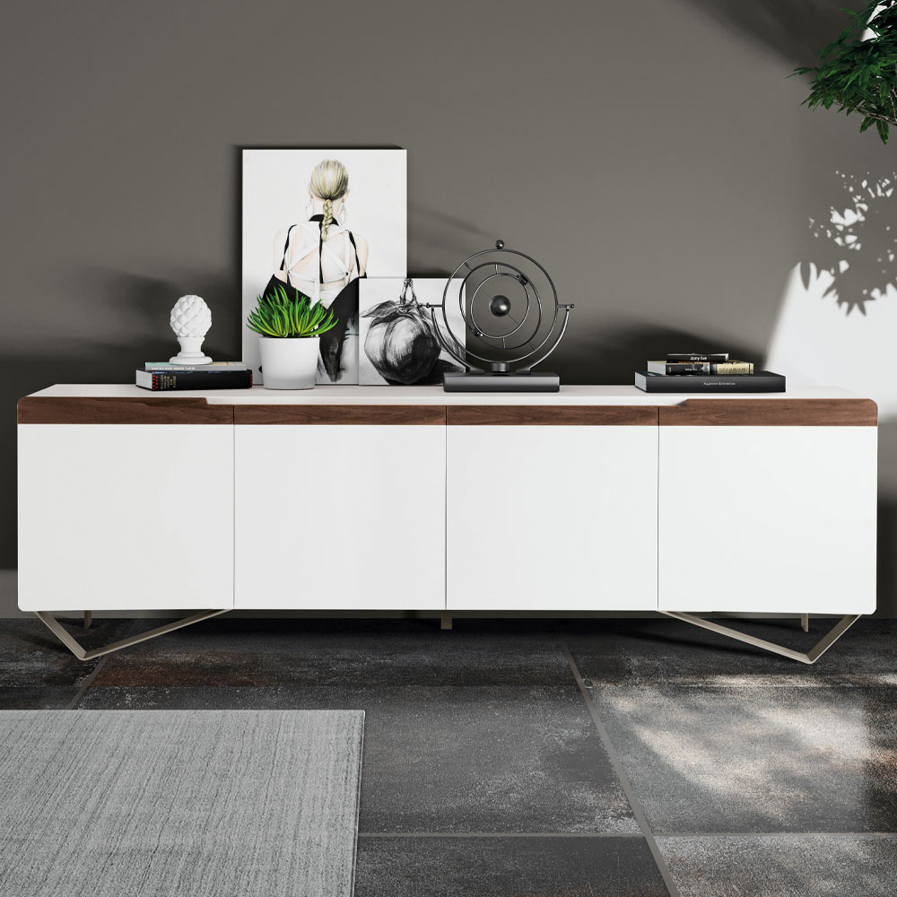 wohnzimmer-sideboard mit 4 türen in weiß und canaletto-finish, hergestellt  in italien – any