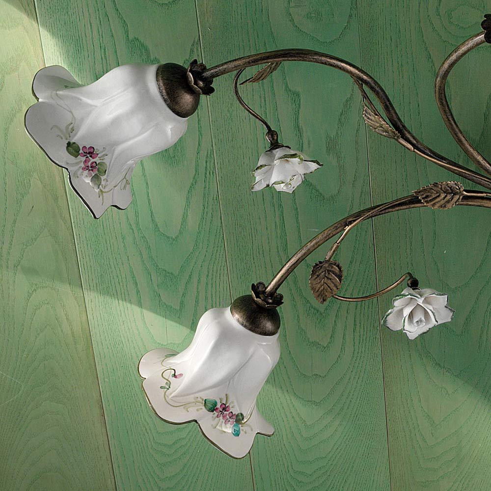 6-flammige handgefertigte Deckenlampe aus Keramik mit Rose