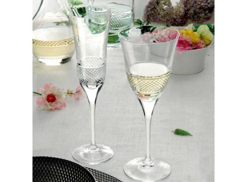 12 Flötengläser für Champagner in ökologischem Kristall mit manueller Dekoration - Milito Viadurini