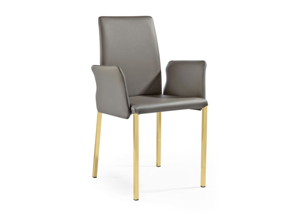2 Stühle mit Armlehnen aus anthrazitfarbenem Leder und goldfarbenem Stahl, hergestellt in Italien – Cadente Viadurini