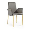 2 Stühle mit Armlehnen aus anthrazitfarbenem Leder und goldfarbenem Stahl, hergestellt in Italien – Cadente