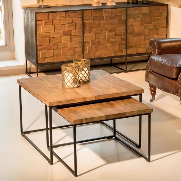 2 couchtische mit platte aus recyceltem holz und metallfuß - slide