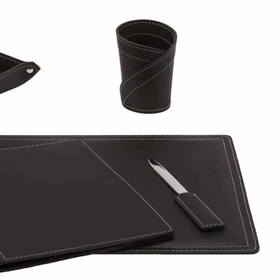 Zubehör 5-teiliger Schreibtisch aus regeneriertem Leder Made in Italy - Ascanio Viadurini