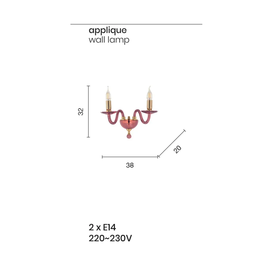 Klassische 2-Licht-Wandlampe aus handgefertigtem italienischem Glas und goldenem Metall - Oliver Viadurini