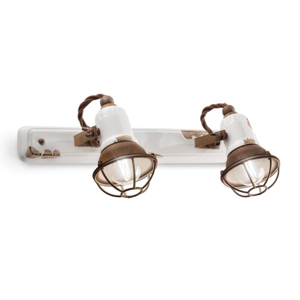 Wandlampe mit 2 industriellen handwerklichen strahlern aus eisen und keramik - loft
