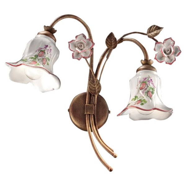 2-flammige wandlampe aus metall und handverzierter keramik mit rose - pisa