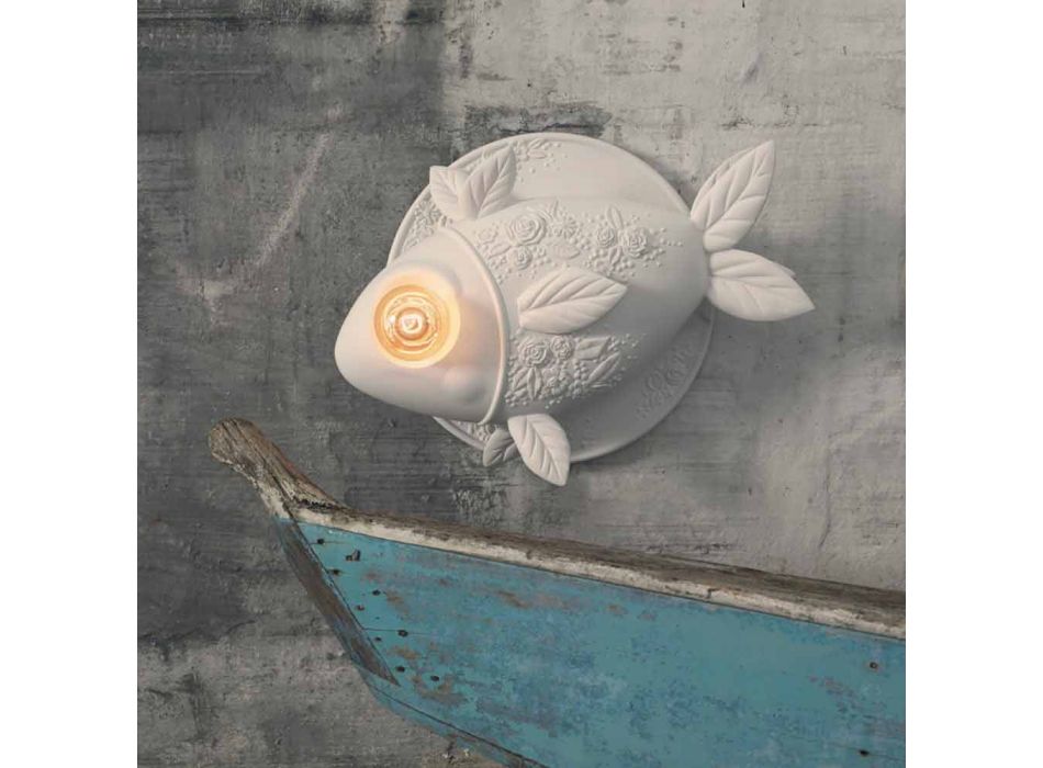 Wandleuchte in mattweißem Keramikdesign mit dekoriertem Fisch - Fisch Viadurini