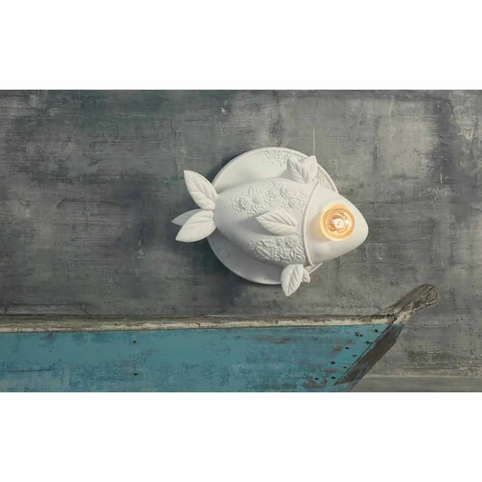 Wandleuchte in mattweißem Keramikdesign mit dekoriertem Fisch - Fisch Viadurini