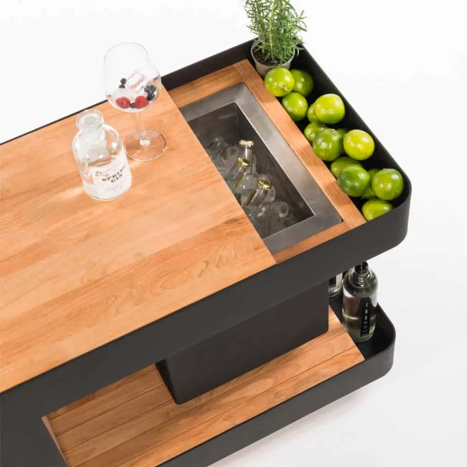 Modernes mobiles Bar-on-Wheels-Design mit Tisch aus Holz und Stahl - Giancalliope Viadurini