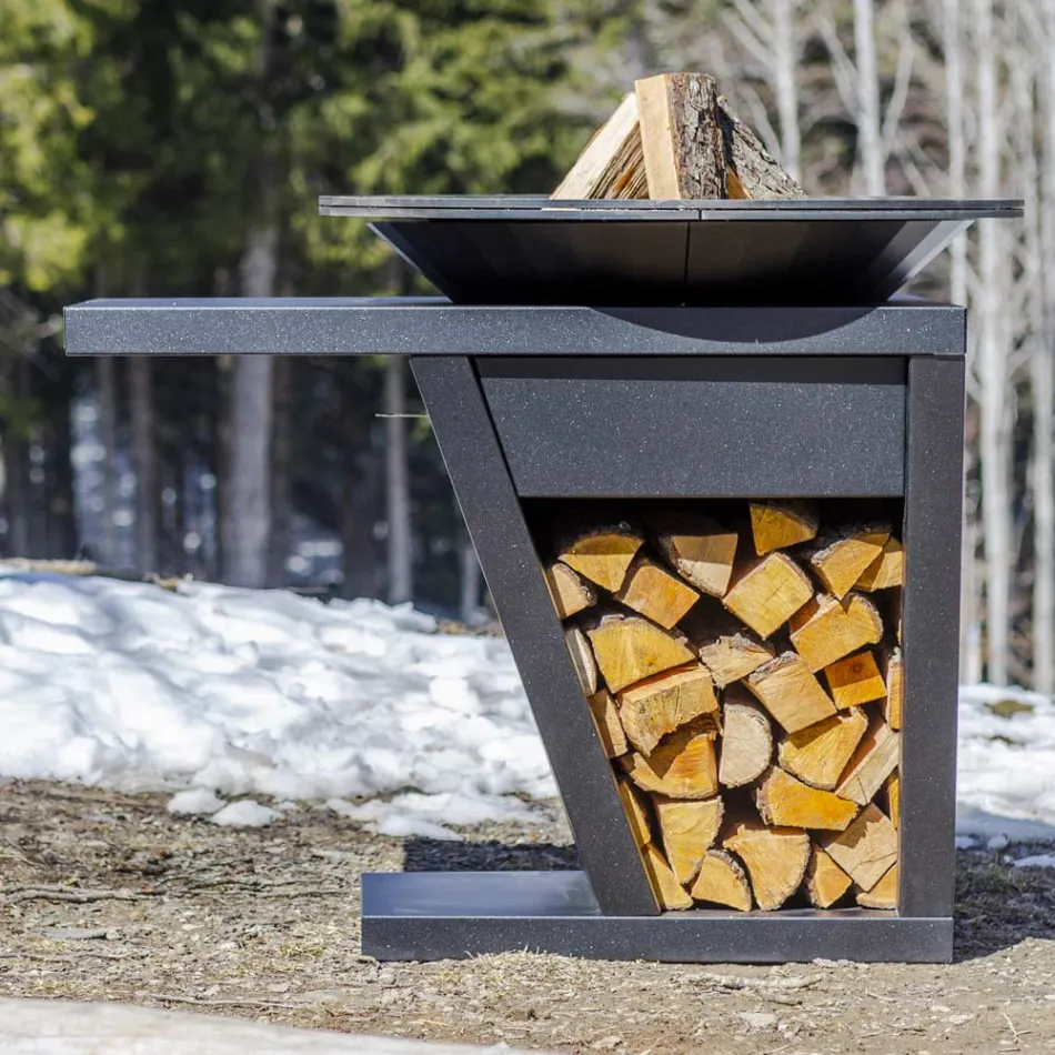 Barbecue mit Feuerbetrieb, Kochplatte und Holzhalterung - Giorgione Viadurini