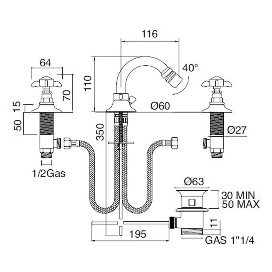 Klassischer 3-Loch-Bidetmischer aus Messing und Butterfly-Griffen – Miriano Viadurini