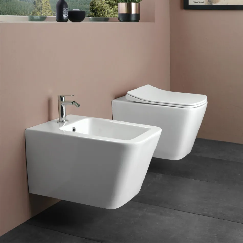 Wandhängendes Bidet mit einem Hahnloch aus weißer Keramik in elegantem, modernem Design – Giunco Viadurini