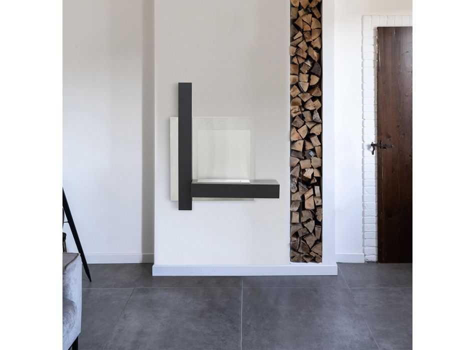 Wand-Bioethanol-Bio-Kamin aus schwarzem Metall und gehärtetem Glas - Martin Viadurini