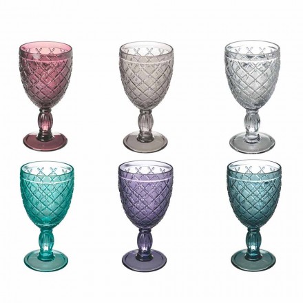 Wein- oder Wasserbecher aus farbigem oder transparentem Glas mit Dekorationen, 12 Stück - Rocca Viadurini