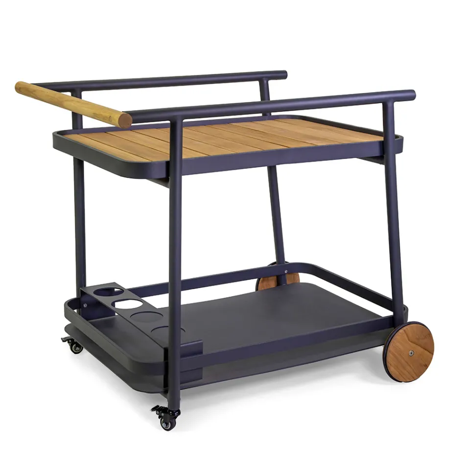 Aluminium-Trolley in verschiedenen Ausführungen mit Rädern und Teakholz-Details - Tent Viadurini