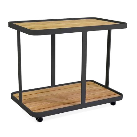 Aluminium-Trolley in verschiedenen Ausführungen mit Rädern und Teakholzplatte - Tent Viadurini