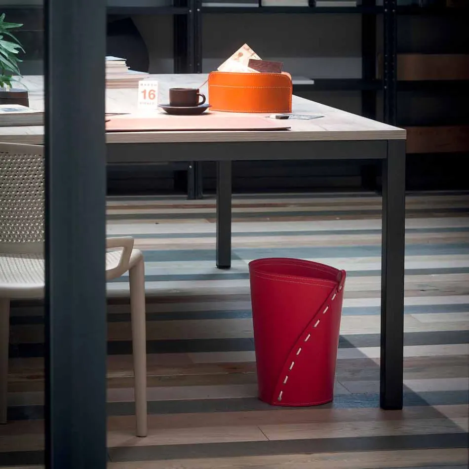 Papierkorb aus Leder für Servus Büro, handgefertigt in Italien Viadurini