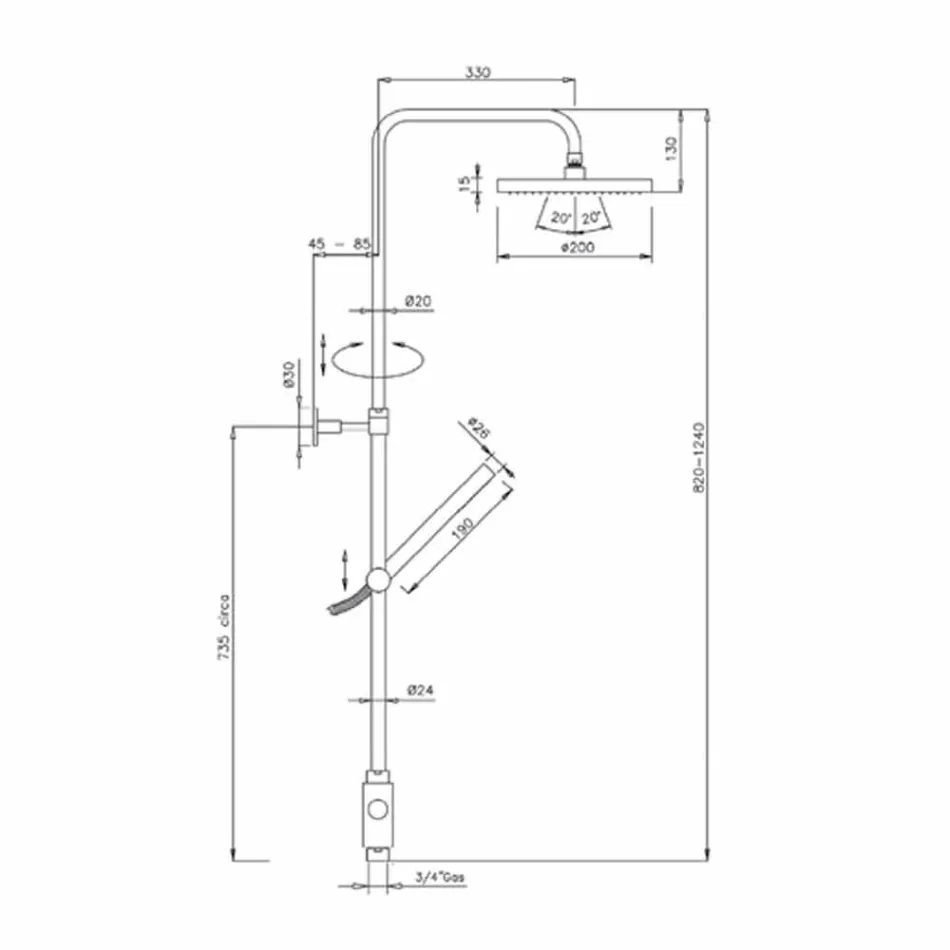 Rundschnitt-Duschsäule aus Messing mit Handbrause Made in Italy - Amadeo Viadurini