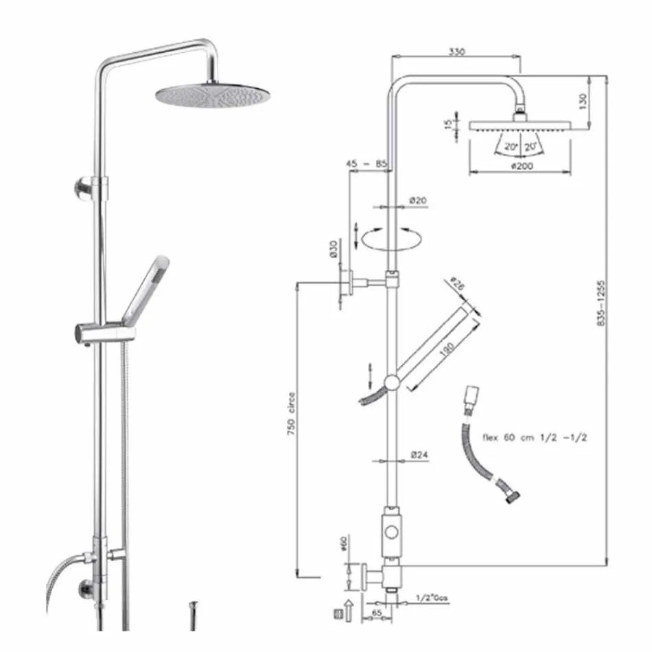 Rundschnitt-Duschsäule aus Messing mit Handbrause Made in Italy - Amadeo Viadurini