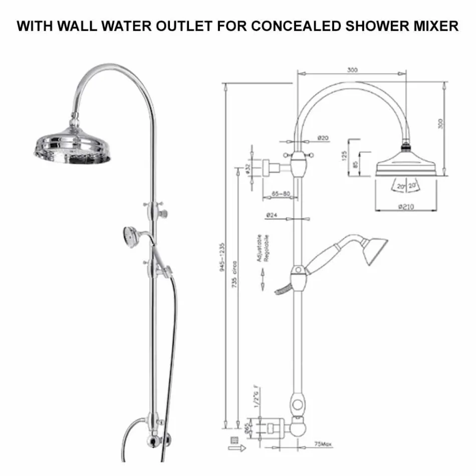 Messing-Duschsäule mit rundem Duschkopf und Handbrause Made in Italy - Brillo Viadurini