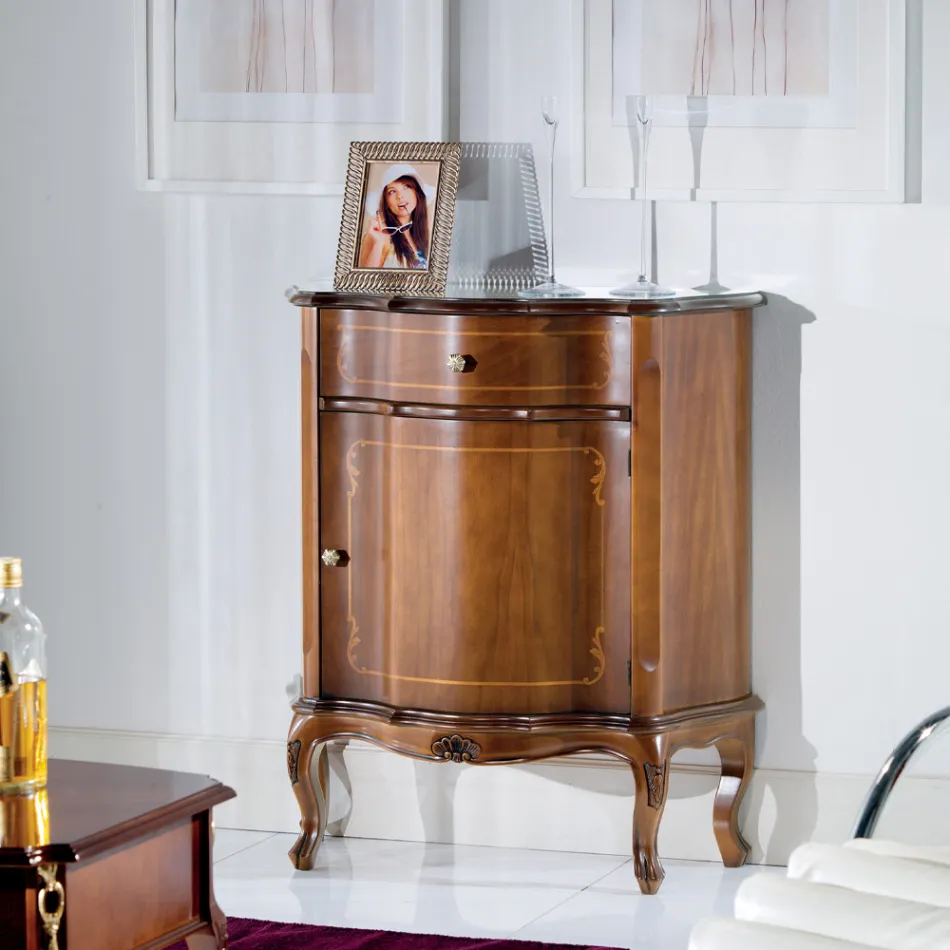 Klassischer Nachttisch Tür und Schublade aus Holz mit Intarsien Made in Italy - Leonor Viadurini