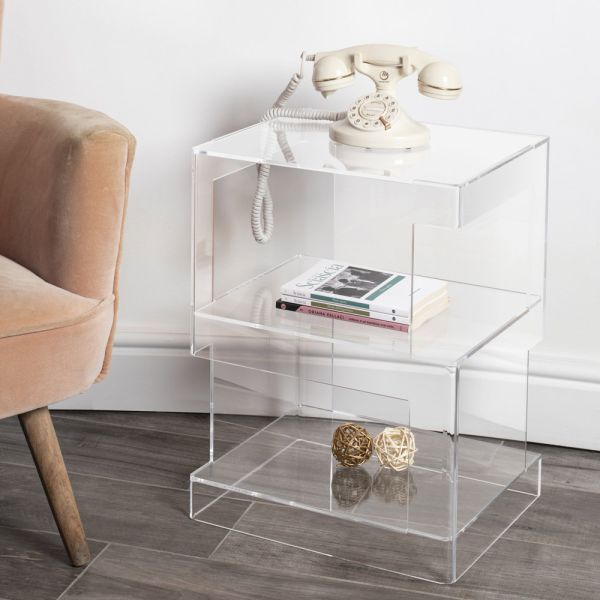 Moderner nachttisch aus transparentem acryl-kristall-design mit ablage - icaria