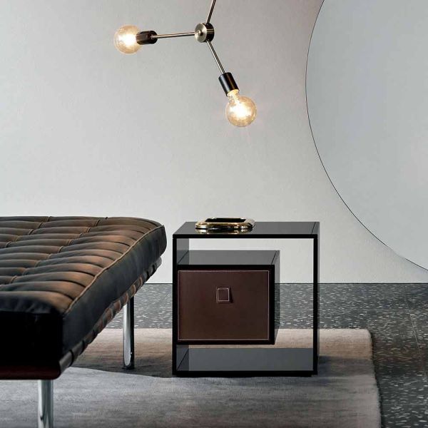 Nachttisch aus rauchglas mit lederschublade 2 dimensionen - linzy