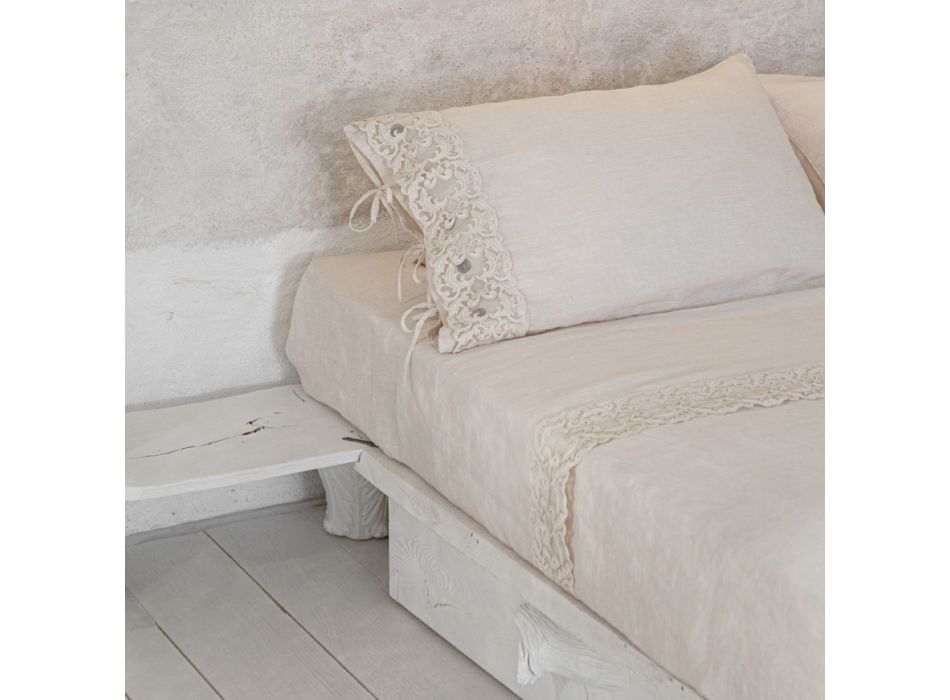 Bettwäscheset für Doppelbett aus hellem Leinen und Farnese-Spitze - Arnesino