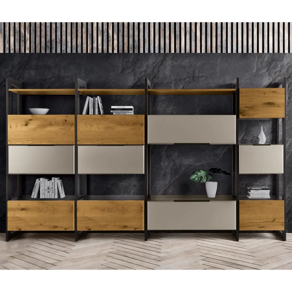 Wandkomposition aus MDF und eichenbeschichteter Tischlerplatte, hergestellt in Italien – Marit Viadurini