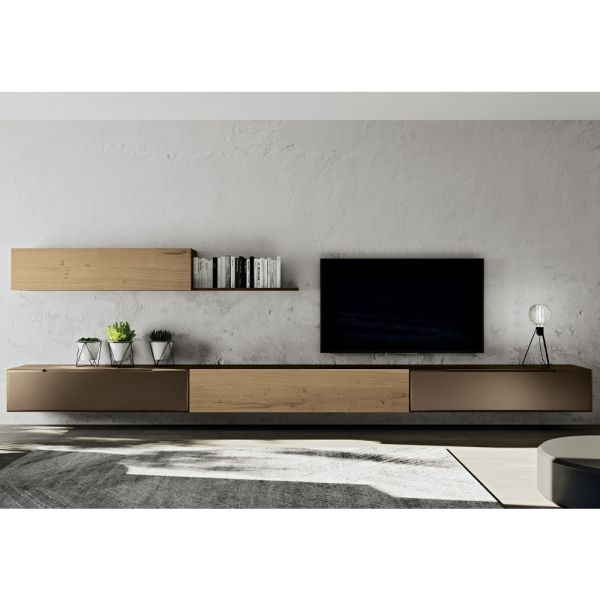 Moderne wandkomposition in nordischer geknoteter eiche und eisenausführung – iselin