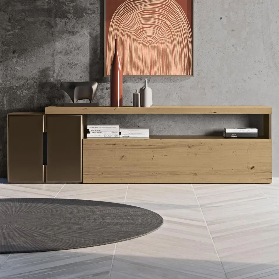 Moderne Wandkomposition in nordischer geknoteter Eiche und Eisen-Finish – Siri Viadurini