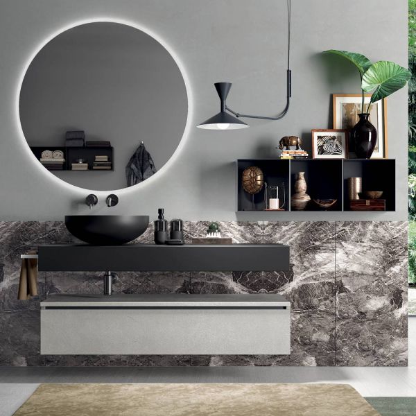 Komplettes badezimmer-set mit spiegel, waschbecken, unterschrank und waschtischplatte, hergestellt in italien – palom