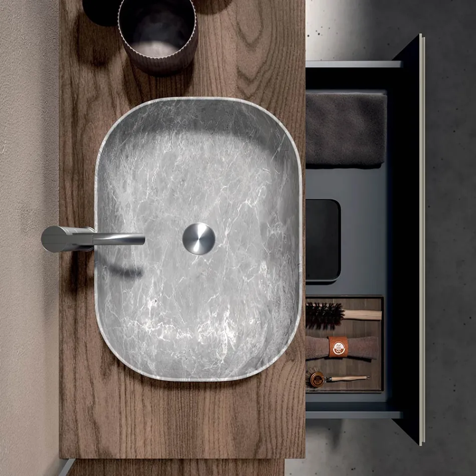 Badezimmer-Kombination mit 1 Schublade, 2 Eichenregalen, Waschbecken und Spiegel - Titan Viadurini