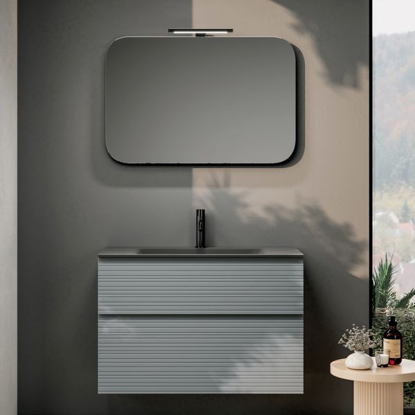 Badezimmer-komposition mit 2 schubladen, grauem glaswaschbecken und spiegel - elios