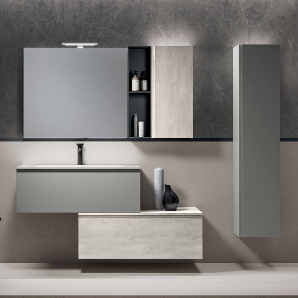 Badezimmer-kombination mit 2 schubladen, wandschrank, säule und spiegel - titan