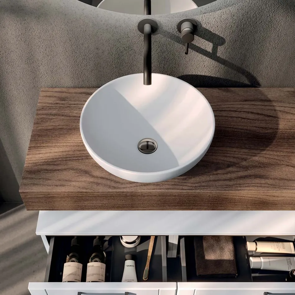 Badezimmer-Kombination mit 2 Schubladen, Spiegel und weißem Kunstharzwaschbecken – Magnolia Viadurini