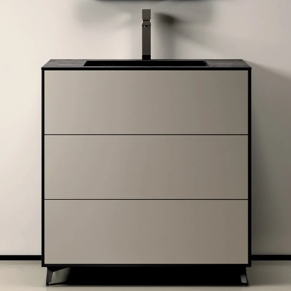 Badezimmer-Komposition mit 3 matten taubengrauen Schubladen, Spiegel und Waschbecken - Velaria Viadurini