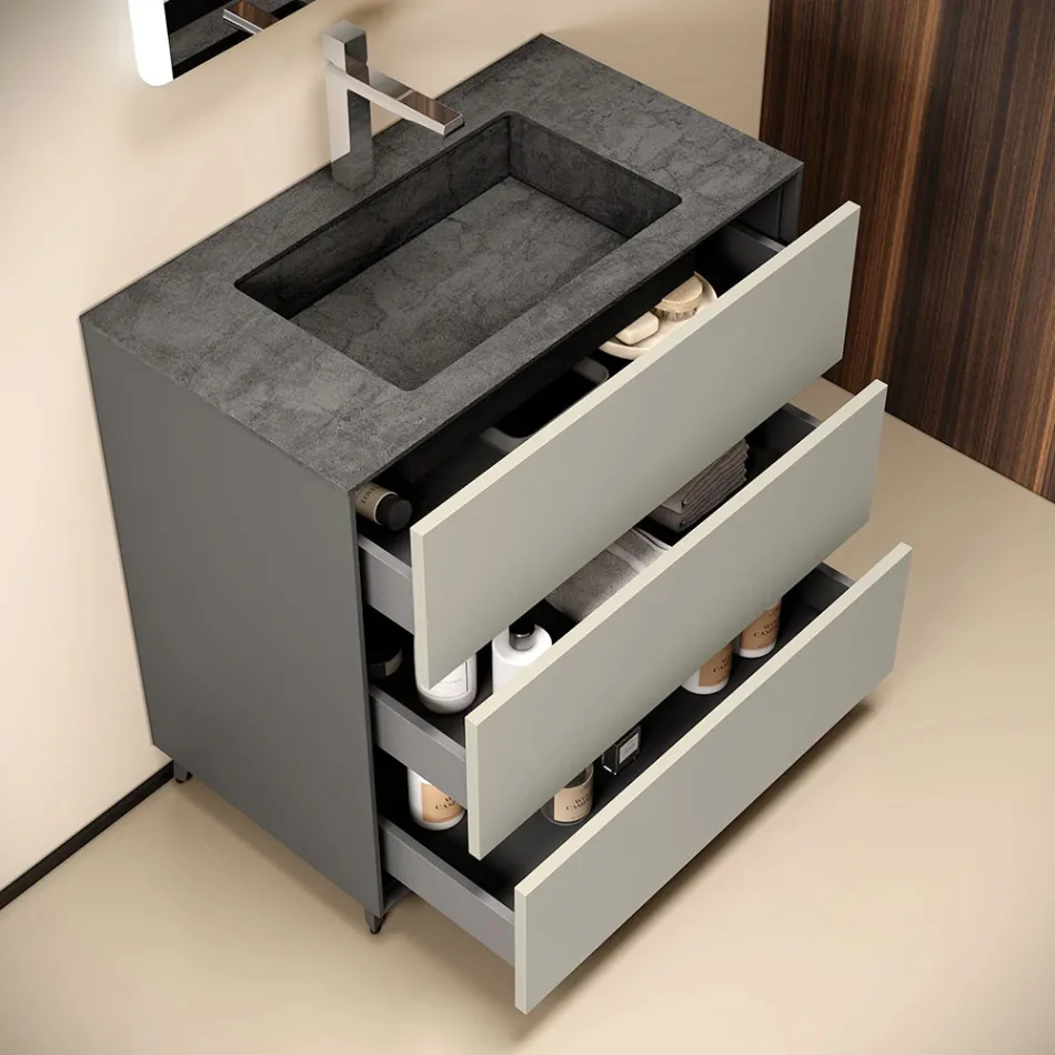 Badezimmer-Komposition mit 3 matten taubengrauen Schubladen, Spiegel und Waschbecken - Velaria Viadurini