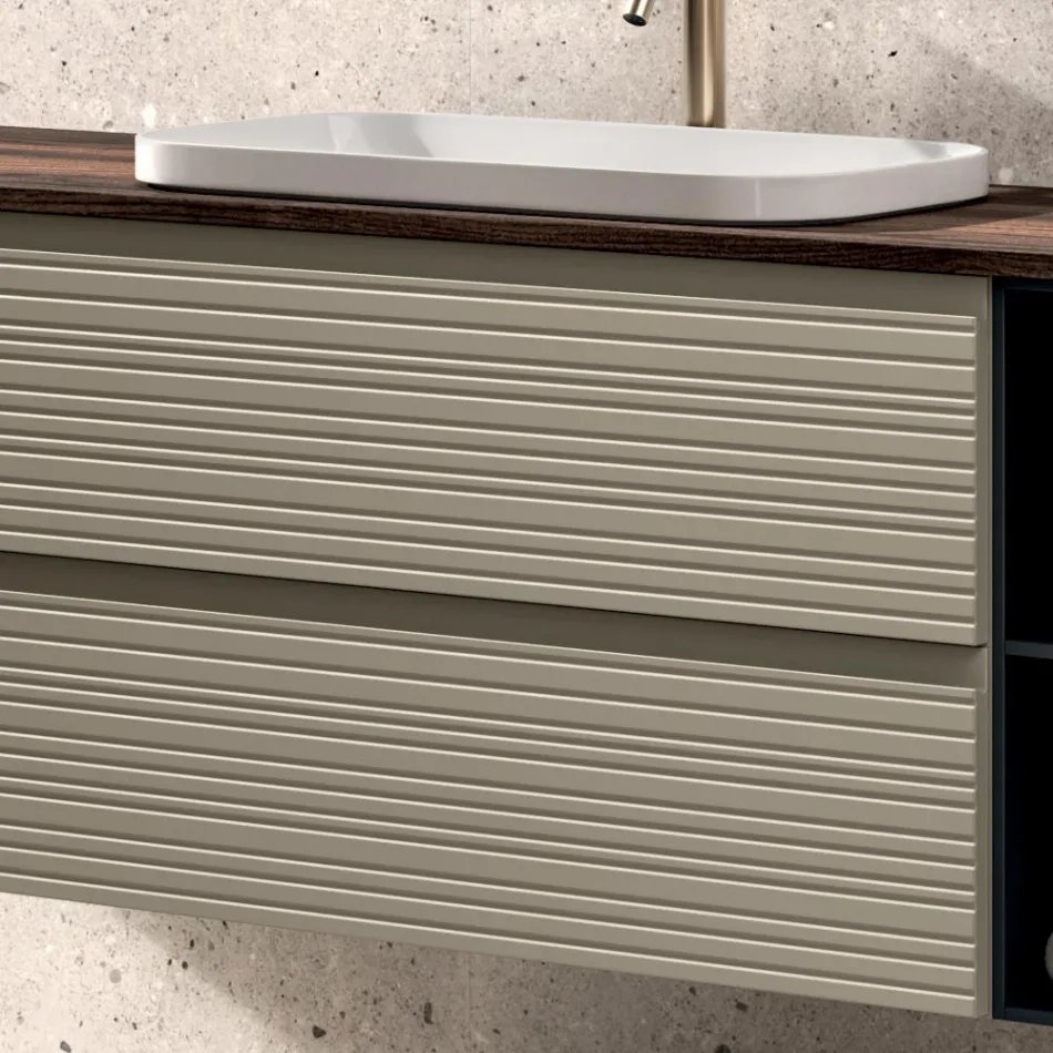 Badezimmer-Komposition mit 4 Schubladen, Waschbecken, Spiegel und offenen Regalen - Elios Viadurini