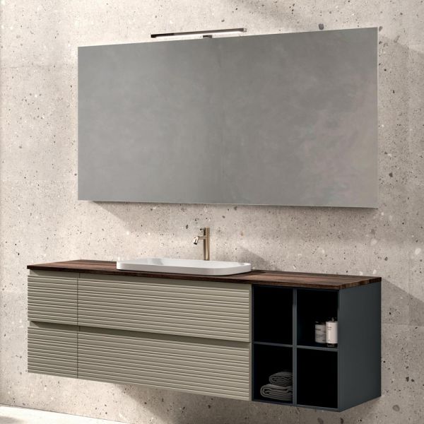 Badezimmer-komposition mit 4 schubladen, waschbecken, spiegel und offenen regalen - elios