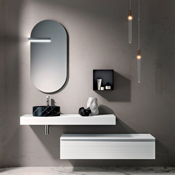 Badezimmer-komposition mit schublade, waschbecken, spiegel, wandschrank und regal - elios