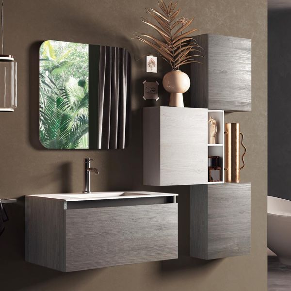 Badezimmer-komposition mit kunstharzwaschbecken, kratzfestem sockel, hergestellt in italien – traum