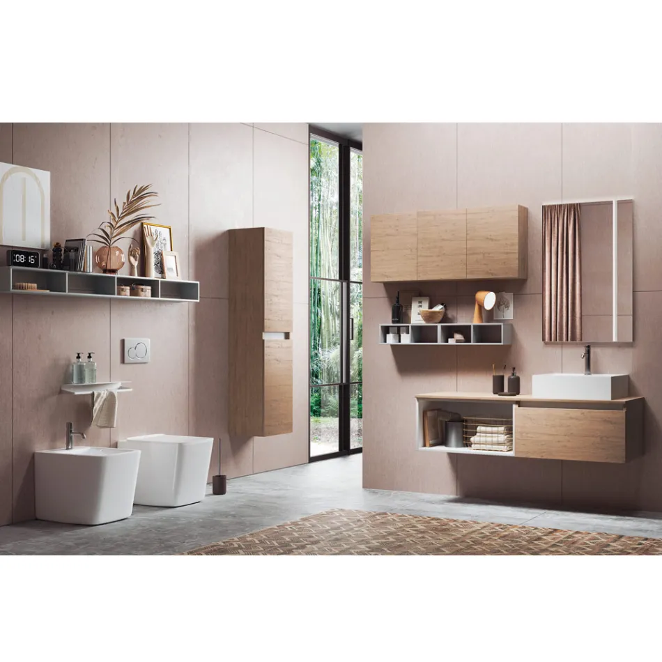 Badezimmerkomposition mit Spiegel mit integrierter Lampe, Waschbecken und Sockel – Dream Viadurini