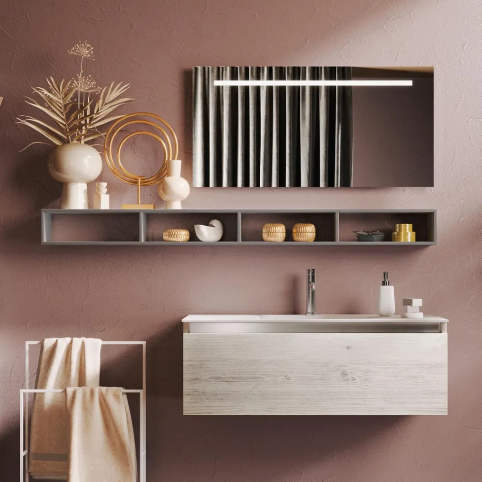 Badezimmerkomposition mit Spiegel und Lampe, kratzfester Sockel, hergestellt in Italien – Dream Viadurini