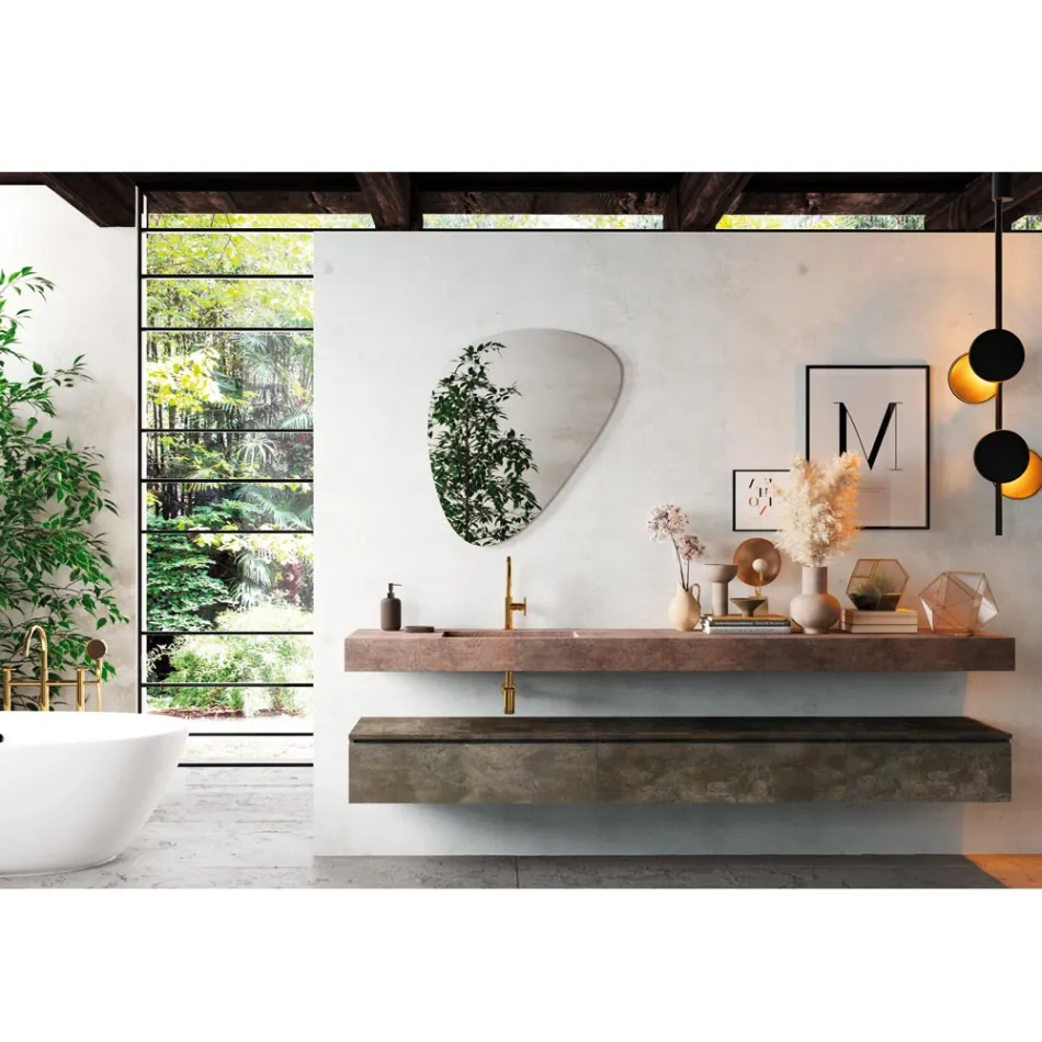 Badezimmerkomposition mit modernem Spiegel und Konsolenwaschbecken, hergestellt in Italien – Palom Viadurini