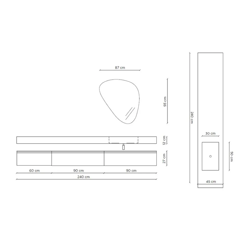 Badezimmerkomposition mit modernem Spiegel und Konsolenwaschbecken, hergestellt in Italien – Palom Viadurini