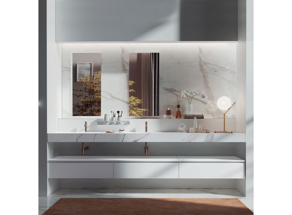 Doppelte Badezimmerkomposition mit rechteckigem Spiegel und Waschbecken, hergestellt in Italien – Palom Viadurini