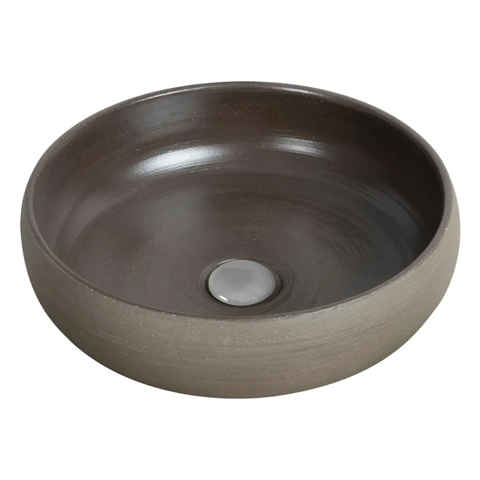 Graue Badezimmerkomposition mit rundem Spiegel und verschiedenen Accessoires - Maryse Viadurini