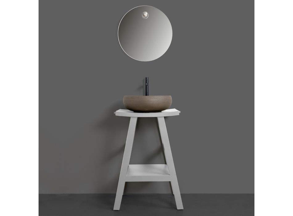 Graue Badezimmerkomposition mit rundem Spiegel und verschiedenen Accessoires - Maryse Viadurini